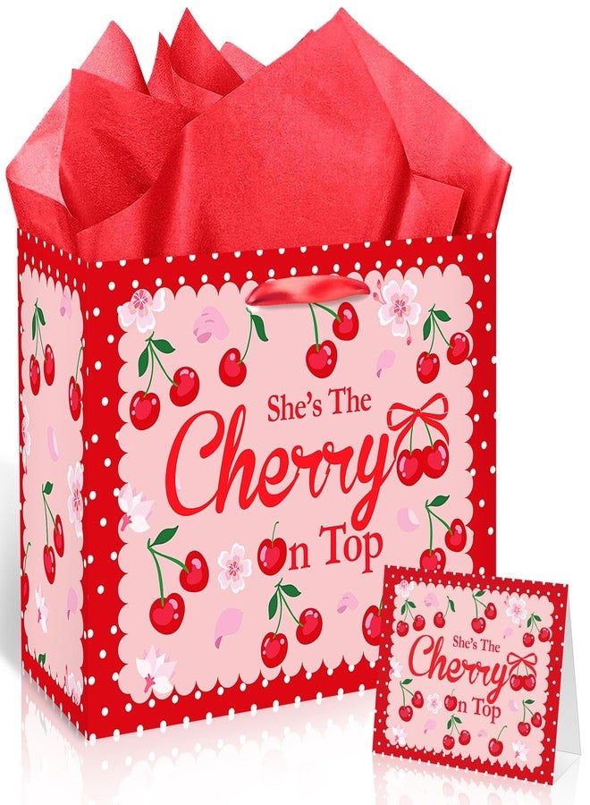 Woosytoo Cherry Birthday Party Gift Bag, Coquette Cherry Wrapping Bag with Tissue Paper and Card She's The Cherry On Top Wrapping Paper for Girls Kids Teens Baby Shower Women Birthday Party Favors - Image 1